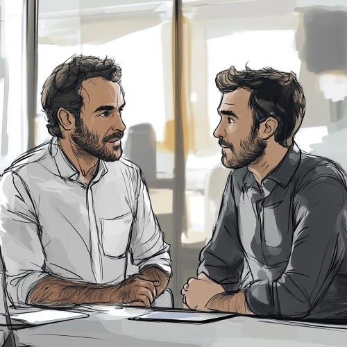 Mentor giving feedback to young professional in office