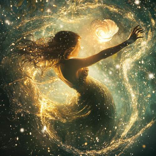 Mermaid casting spell with glowing shell in seafloor