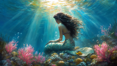 Mermaid near coral reef undersea in soft light.