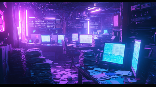 Messy high-tech office in neon chaos