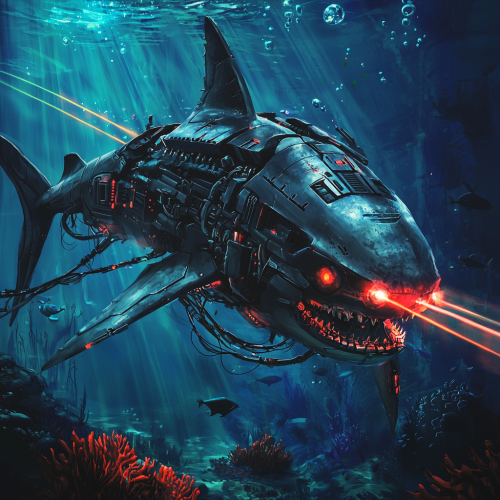 Metallic robot shark in glowing underwater ocean scene