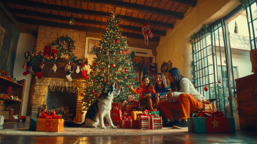 Mexican Family Christmas Celebration with Gifts and Pets