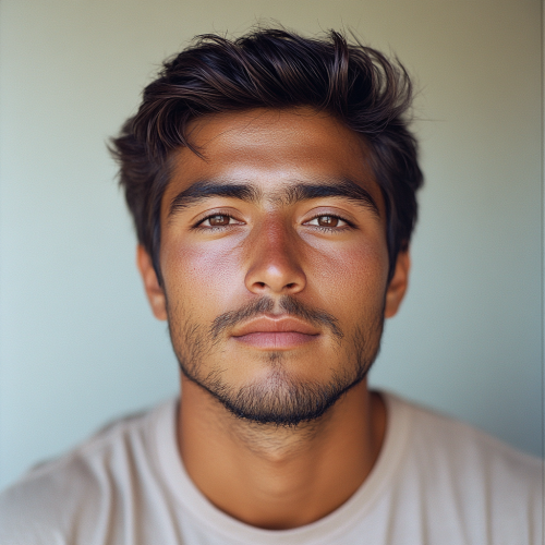 Mexican-Portuguese-American man, oblong face, dark features, t-shirt, film.