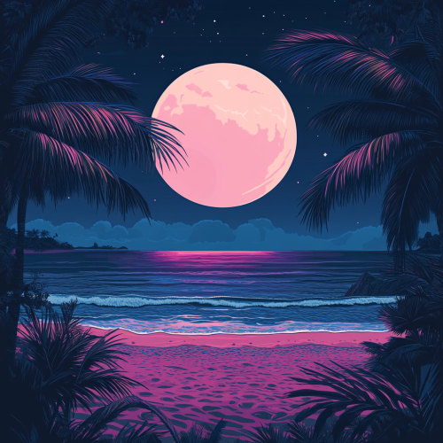Miami Beach Night: Moonlit Ocean, Palm Trees