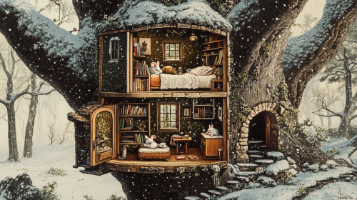 Mice Home in Tree with Snowy Outside