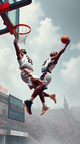 Michael Jordan dunks on LeBron James in basketball. Michael Jordan Dunks on LeBron James