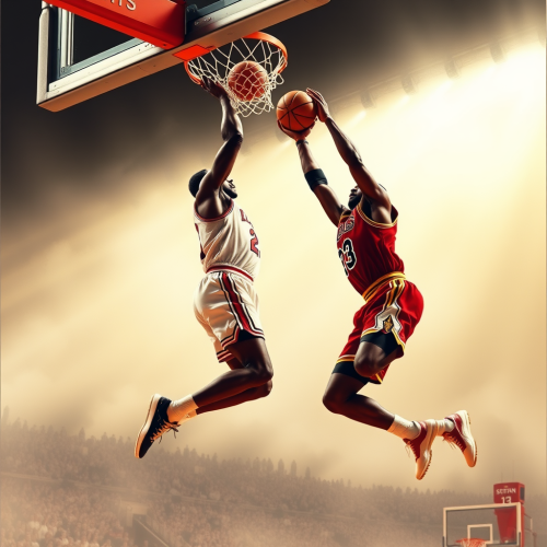 Michael Jordan dunks over LeBron James in basketball.