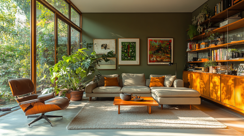Mid-century green living room architectural photography in 16:9.
