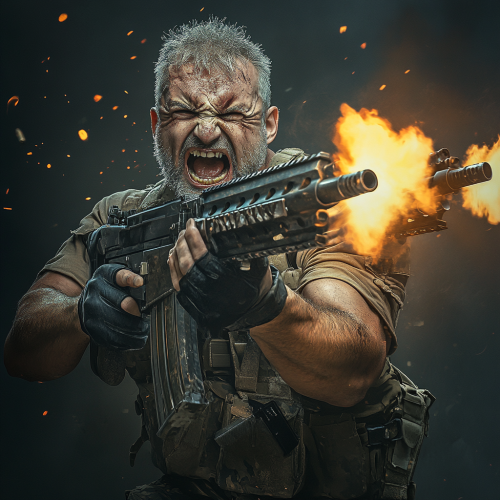 Middle-aged man with machine guns screaming and shooting. Middle-aged man with machine guns screaming and shooting.