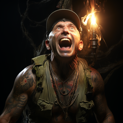 Middle aged tattoo artist fights heroically in cave. Middle aged tattoo artist fights heroically in cave.