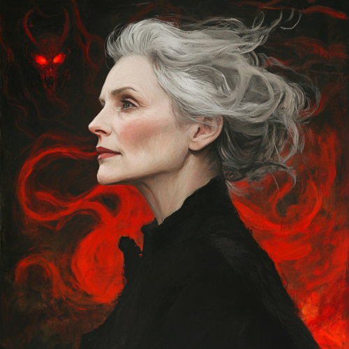 Middle-aged woman in nurse's cape confronts horned demon.