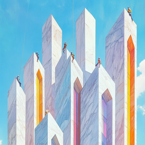 Midjourney scene: tall marble buildings, colorful windows, arrows.