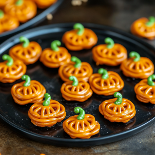Mini pumpkin treats on dark plates with candy stems