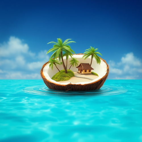 Miniature Island Inside Coconut Floating in Sea Miniature Island Inside Coconut Floating in Sea