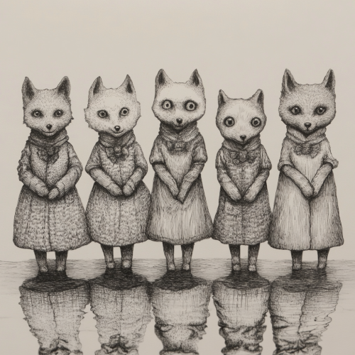 Miniature fox characters with eerie expressions in hatching style