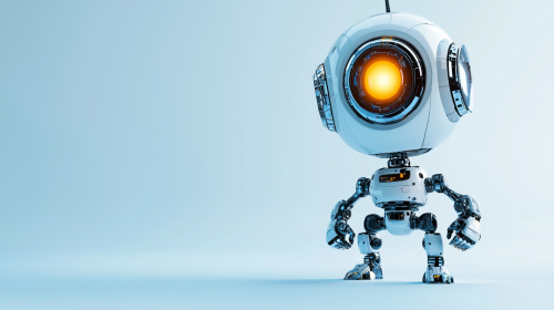 Miniature robot with glowing eyes for advertising or banners.