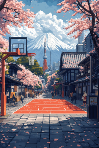 Minimalist basketball court with Japanese culture, cherry blossoms, temples.