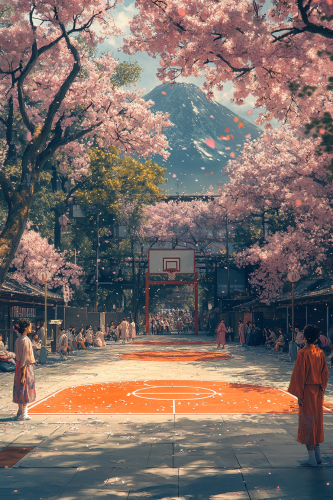 Minimalist basketball court with Japanese flag colors, cherry blossoms. Minimalist basketball court with Japanese flag colors, cherry blossoms.