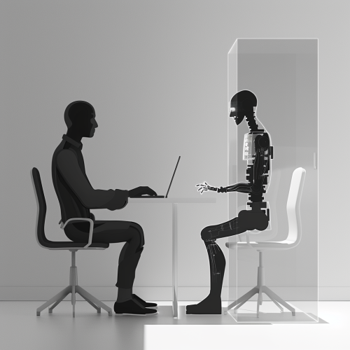 Minimalist black and white workspace with human and AI collaboration Minimalist black and white workspace with human and AI collaboration