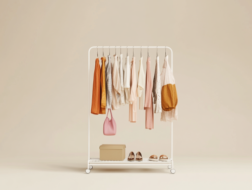 Minimalist clothing display with curated selection in calm space.