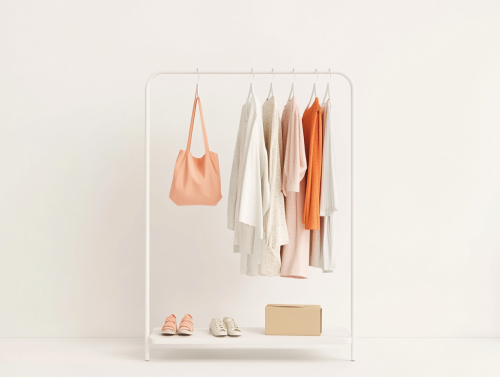 Minimalist clothing display with mix of styles and colors. Minimalist clothing display with mix of styles and colors.