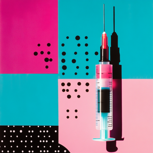 Minimalist pop art inspired collage of testosterone injection.