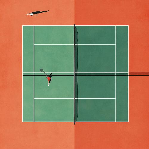 Minimalist tennis court art with players, red background.