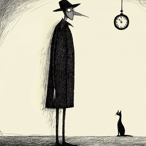 Minimalistic Edward Gorey-inspired illustration with symbolic motifs