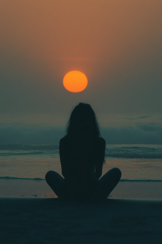 Minimalistic Woman Silhouette Sitting on Beach at Sunset