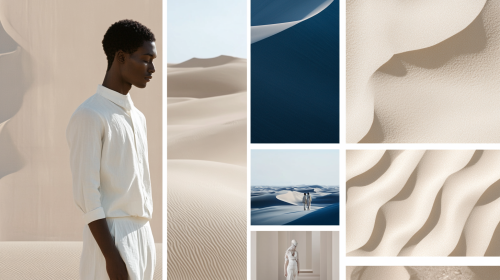 Minimalistic desert fashion moodboard with cream and blue