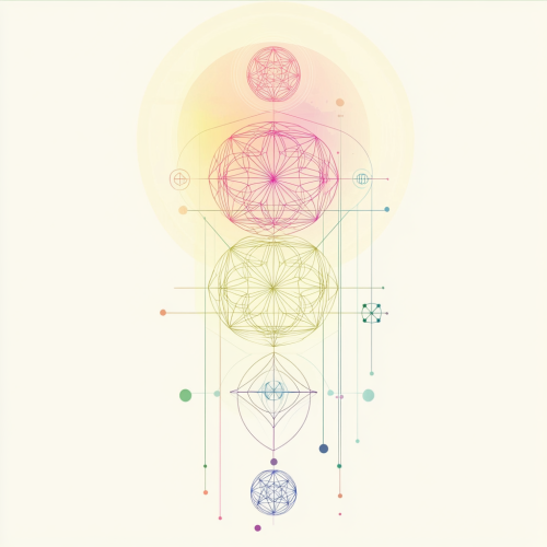 Minimalistic design with sacred geometry in soft pastels and symmetry.