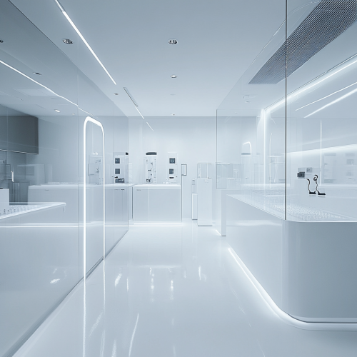 Minimalistic laboratory with white walls, clean surfaces, exploration.