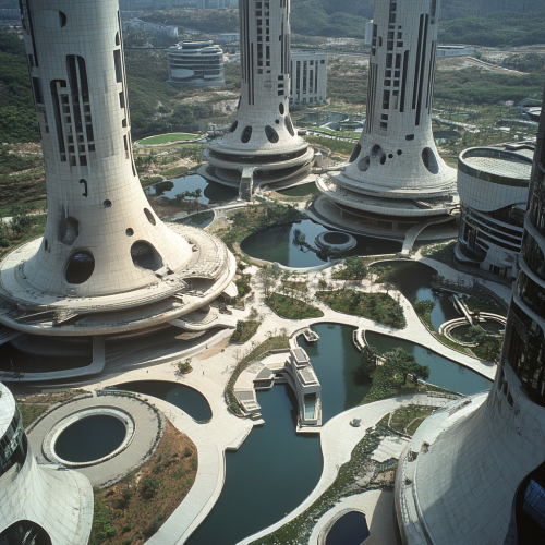 Ministerial complex with tall monument and water bodies