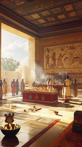 Minoan Civilization Religious Ceremony with Altar and Devotees