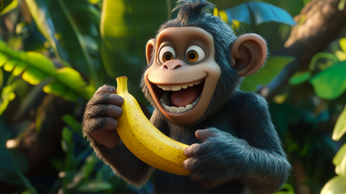 Mischievous monkey Banjo behaves as he eats banana.
