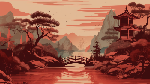 Misty Mountains & Torii Gates with Elegant Peacocks