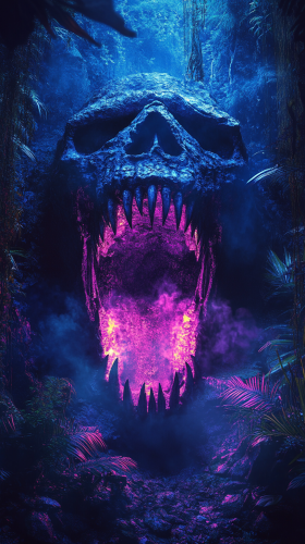 Misty colorful disco lights shine from cave skull entrance