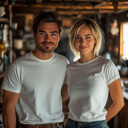 Mockup of couple in modern kitchen for photo shoot.