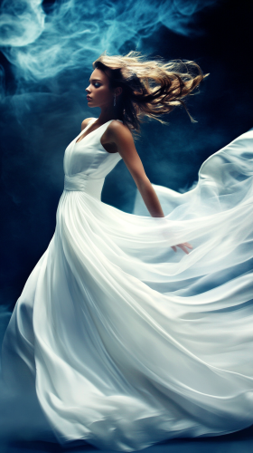 Model in Elegant White Silk Dress on Runway