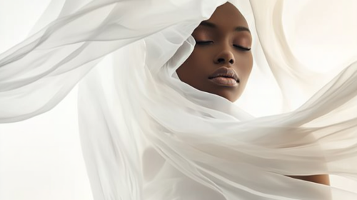 Model in Flowing White Silk Dress