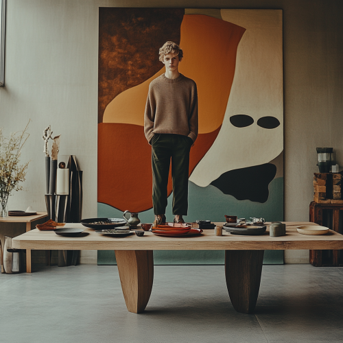 Model in knit stands on wooden table.