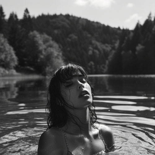 Model wears tight top by lake in Europe