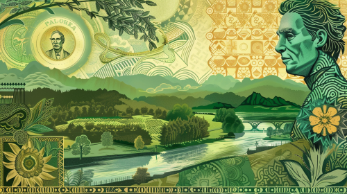 Modern, elegant 20-denomination banknote with peaceful landscape and historical figure portrait.