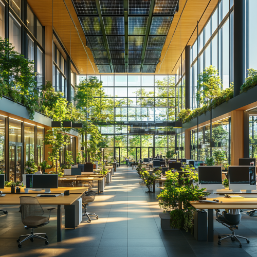 Modern, sustainable office with eco-friendly features, collaborative environment. Modern, sustainable office with eco-friendly features, collaborative environment.