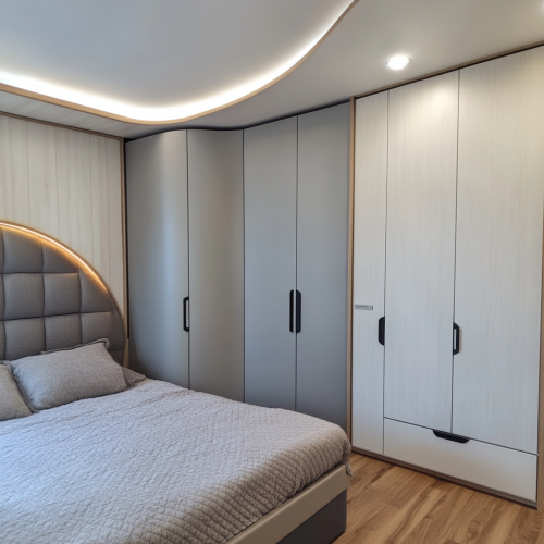 Modern 30m2 Bedroom with High Wardrobe and Upholstered Headboard