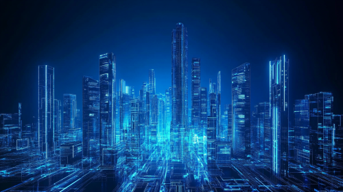 Modern Electric City with futuristic high-rise buildings, blue background.