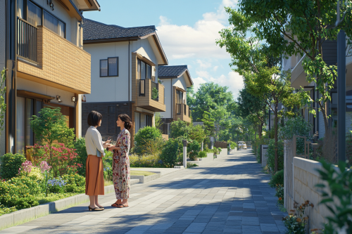 Modern Japanese women chatting in upscale residential neighborhood.