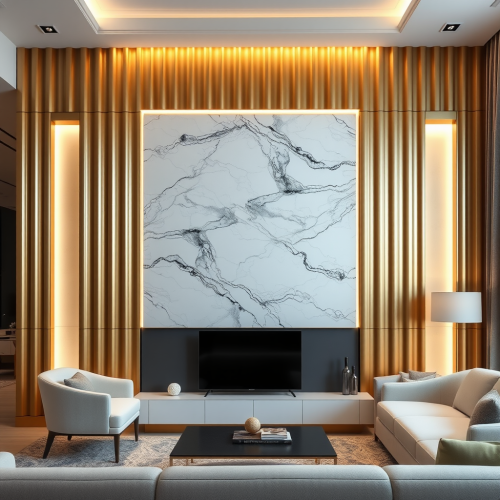 Modern Living Room with Golden and Marble Walls