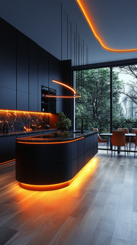 Modern black and white kitchen with smart appliances