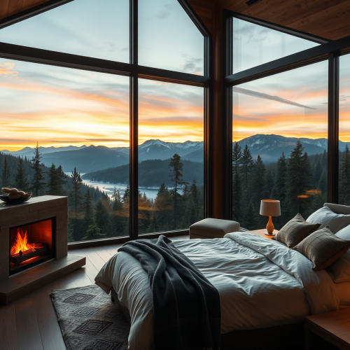Modern cabin bedroom with fireplace and mountain view